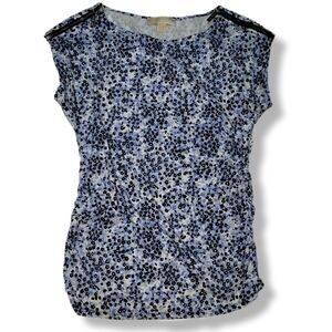 Michael Kors Blue Micro Floral AOP Ruched Fitted Blouse with Cap Sleeves